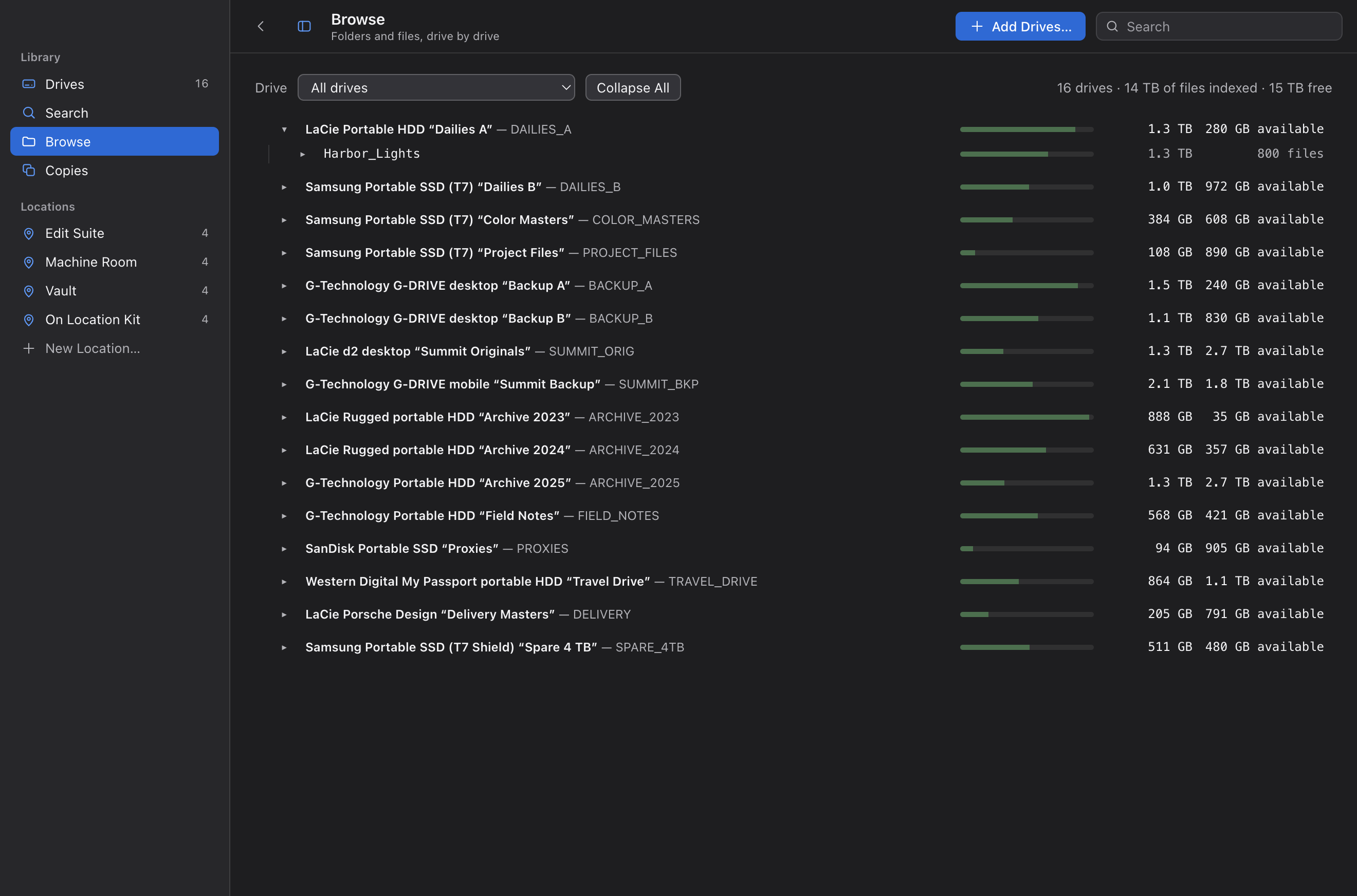 Browse view listing every drive with used and available space