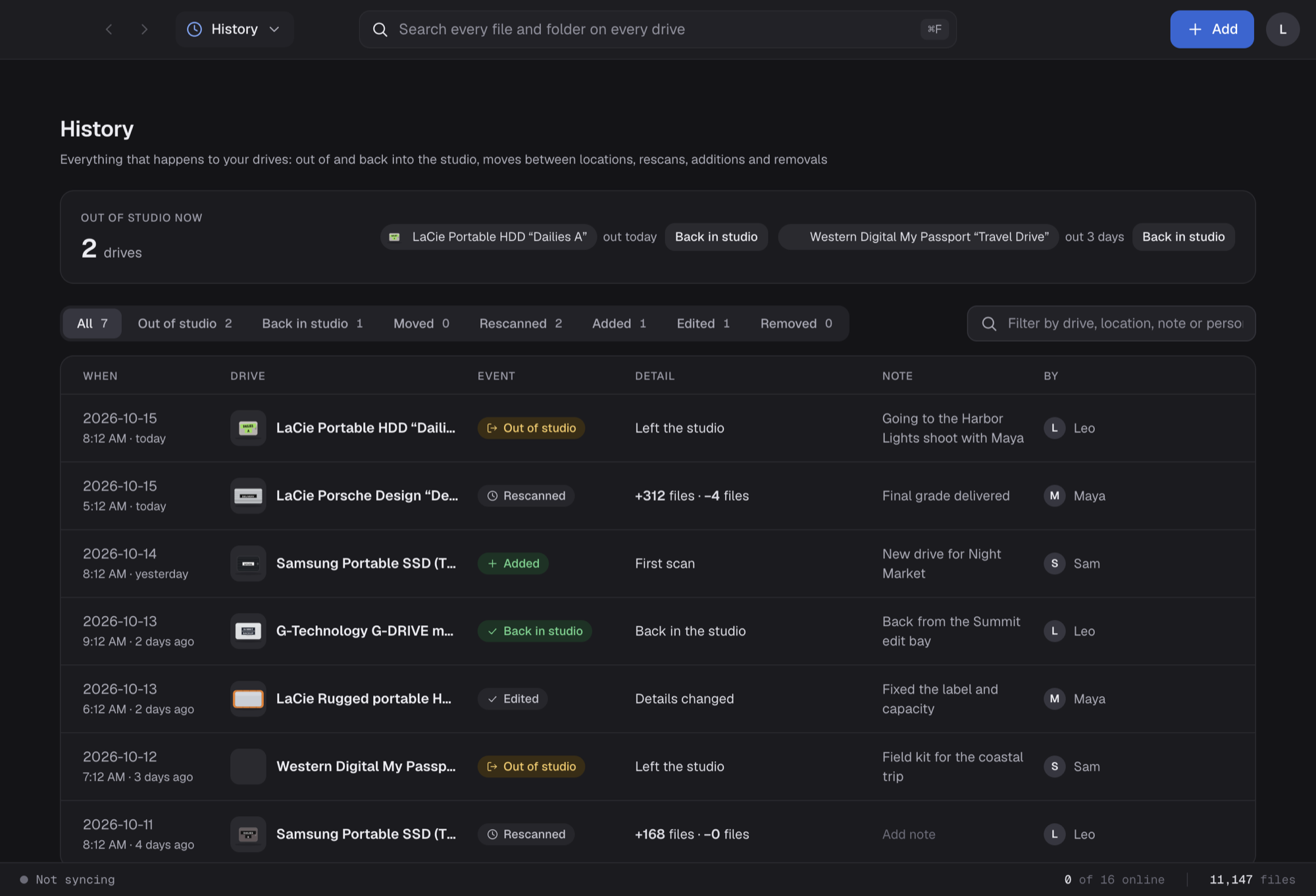 History screen listing drives that are out of the studio and a log of recent events with notes and people